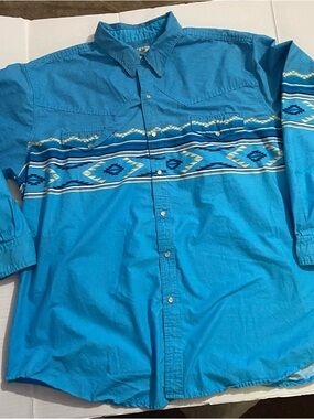 Vintage Express RIder Blue Aztec Print Pearl Snap Button Western Shirt  XXXL 3XL